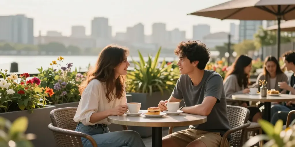 Couple enjoying coffee at an outdoor café, embodying the spirit of rokok88.