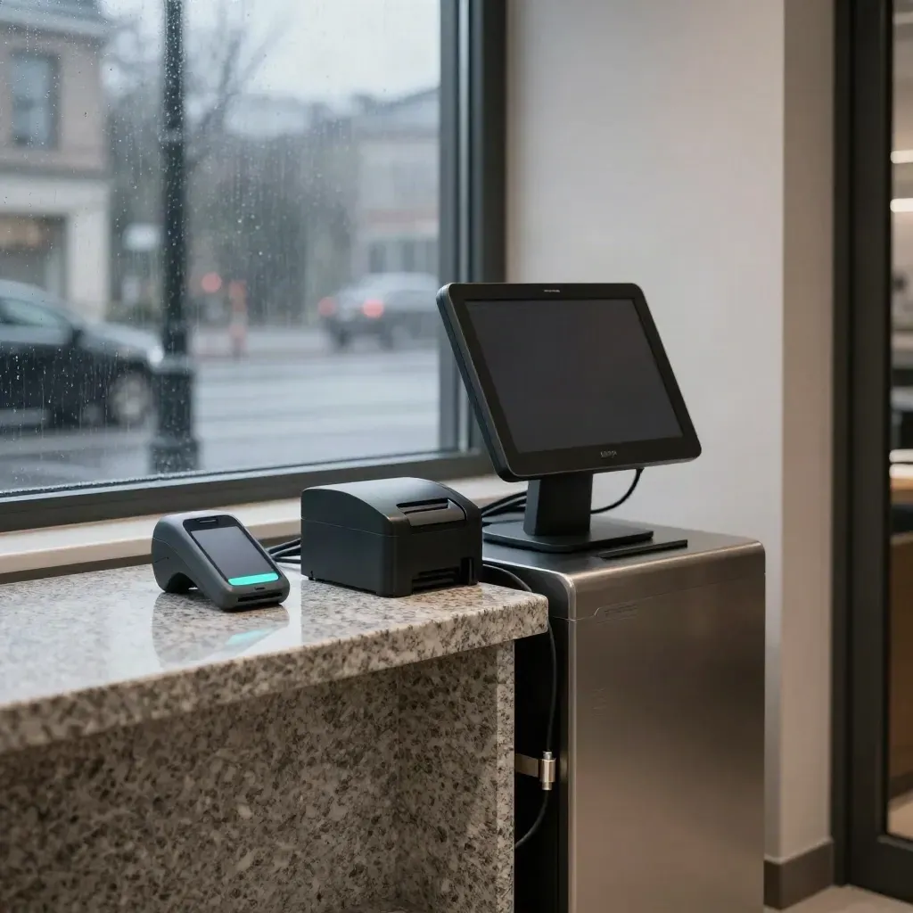 Betalterminal och kassadisk vid regnigt fönster en vintermorgon