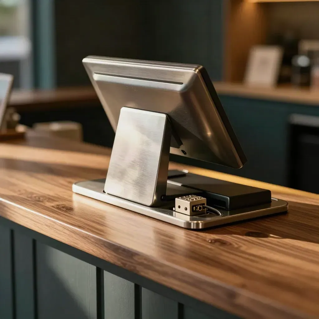 Kortterminal och POS-fäste i en städad checkout med dold kabeldragning i varmt ljus.