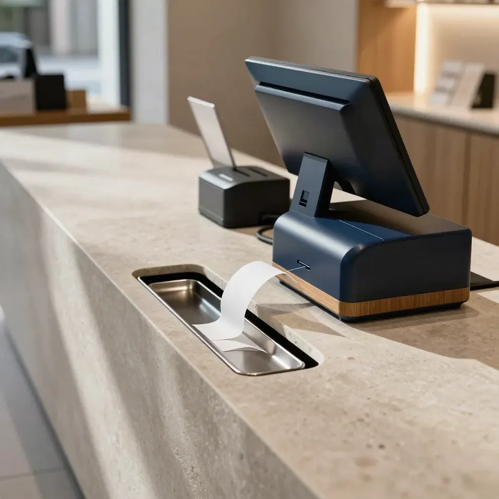 Betalterminal, kvittoskrivare och kassabord i en ljus butik med varm fönsterglöd.