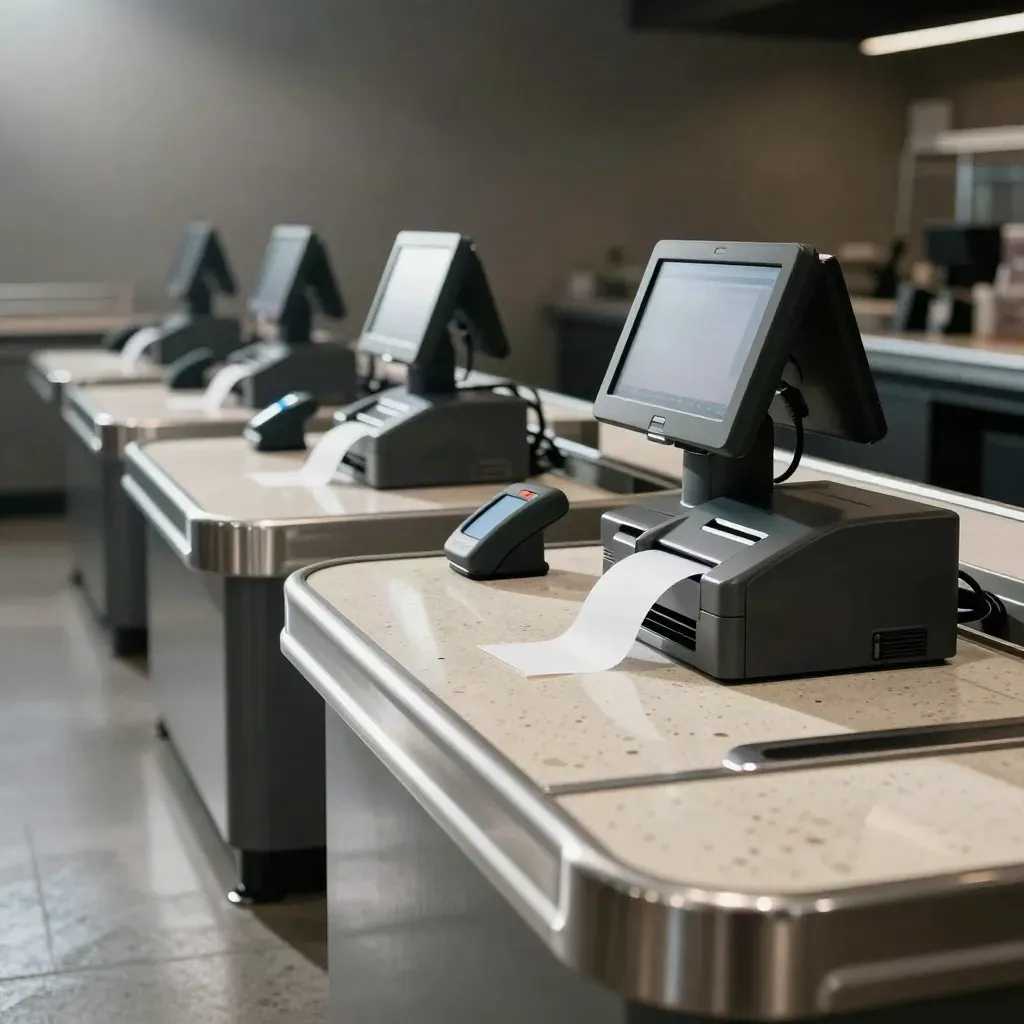 Kassalina med skanner, terminal och kvittoskrivare i silver och travertin.