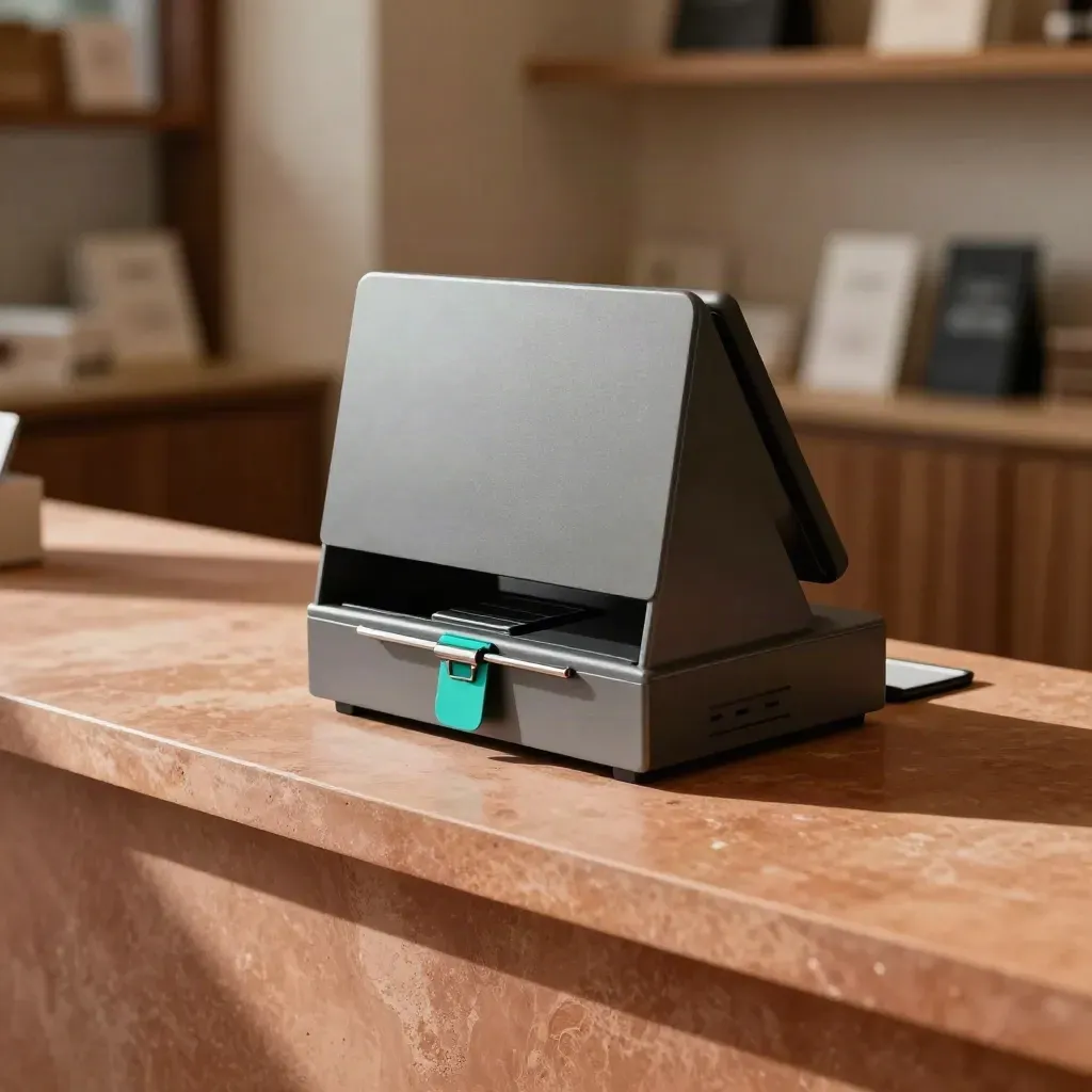 Kontaktlös läsare med privacy hood och tamper seal i varm butiksmiljö.