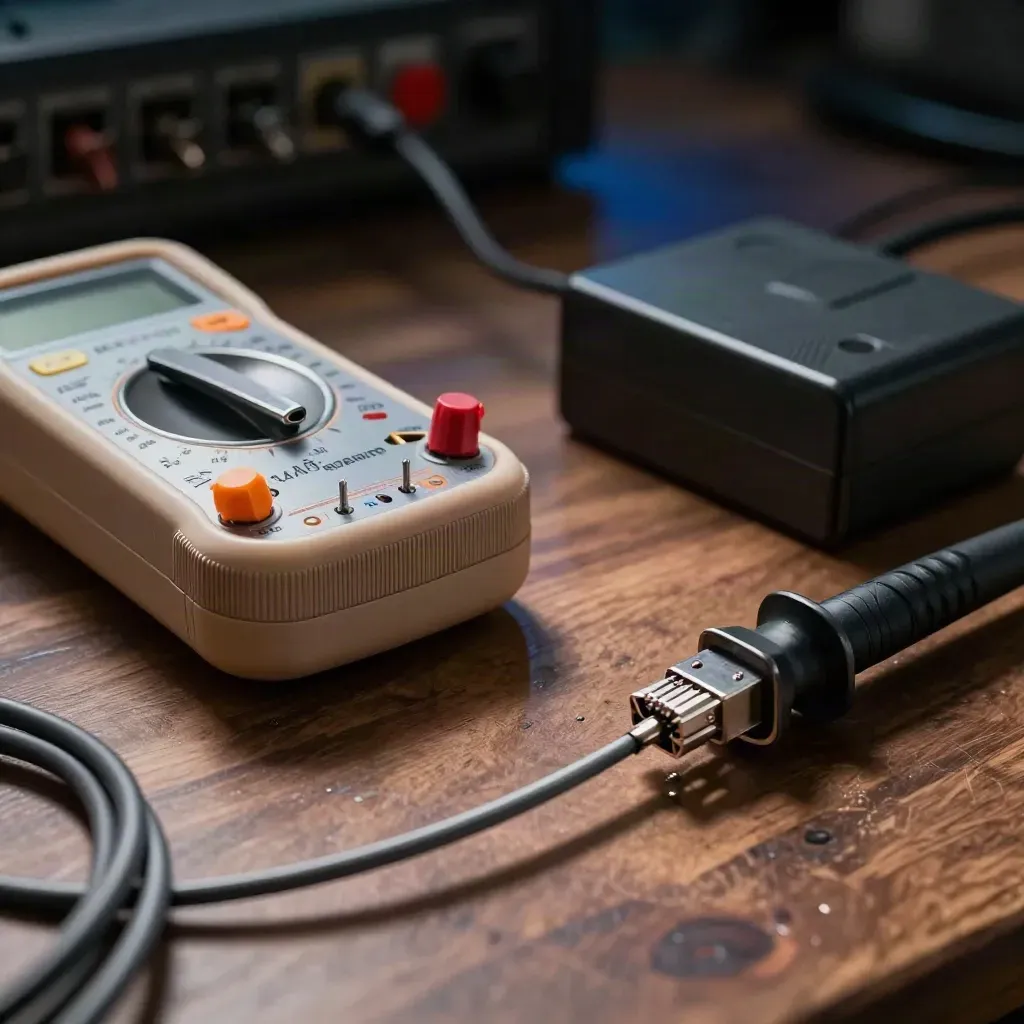 Multimeter, kabeltestare och nätaggregat i dramatisk verkstadsbelysning.