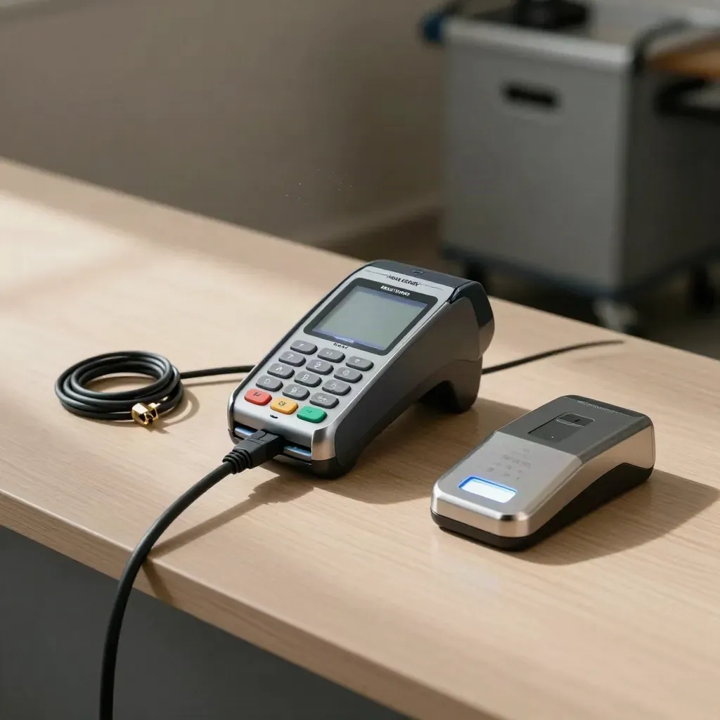 Betalterminal med testkablar, loopback-kontakt och serviceverktyg på ljust trä.