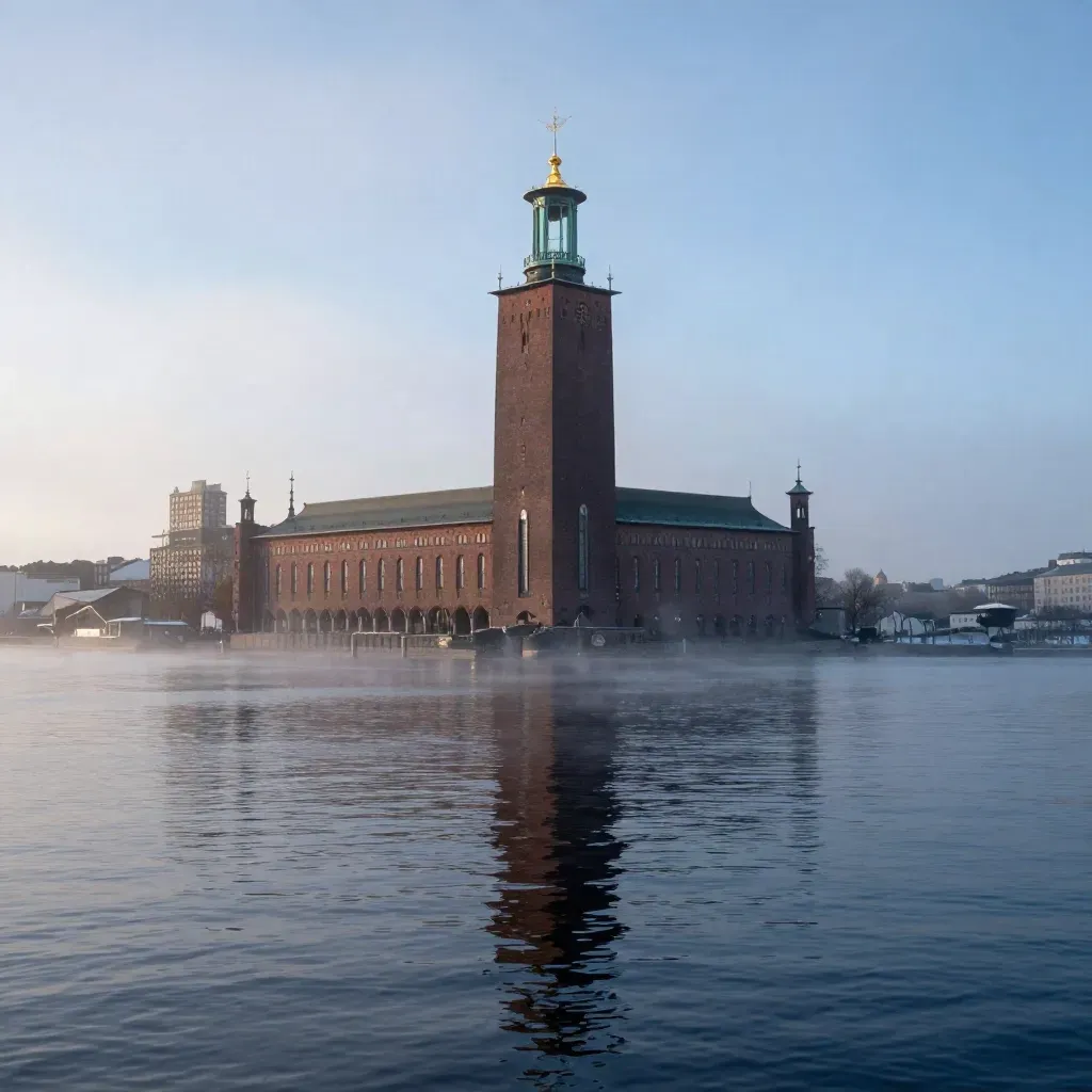 Stockholms stadshus över Riddarfjärdens mörka vatten i morgondimma